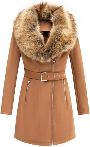 Vista 8 de Bellivera Gabardina de piel sintética para mujer, chaqueta de longitud media con forro polar y cuello de piel desmontable Negro