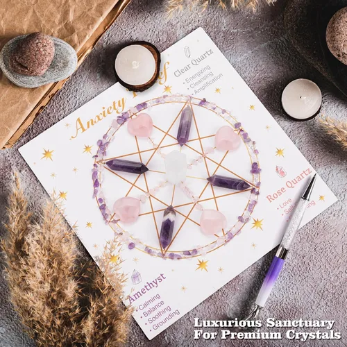 Vista 2 de Raicegs Rejilla de cristal para aliviar la ansiedad, juego de cristales curativos y piedras, amatista, cuarzo rosa, cuarzo transparente, regalo