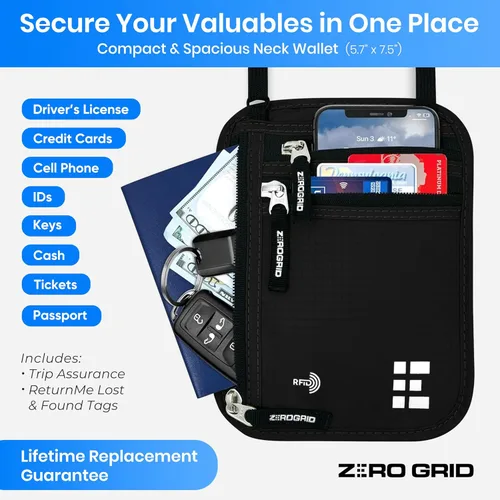 Vista 10 de Cartera para el cuello para viajes y pasaporte con bloqueo RFID, delgada y fácil de ocultar, bolsa de viaje de nailon para hombres y mujeres