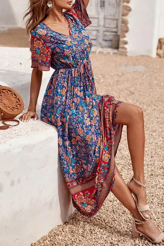 Vista 8 de PRETTYGARDEN - Vestido casual de playa y de verano para mujer, de estilo bohemio, manga corta, cuello en V y con estampado floral, vestidos largos