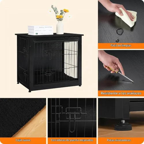 Vista 5 de DWANTON - Perrera con cojín, de madera, con puertas dobles, para interiores, S, M, L, 27.2 pulgadas de largo, negro Small Wooden Kennel Table