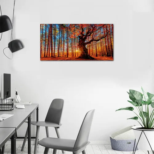 Vista 6 de Arte de pared de bosque grande, bosque y puesta de sol, lienzo, cuadros de hojas rojas, paisaje, lienzo, obra de arte contemporánea de naturaleza