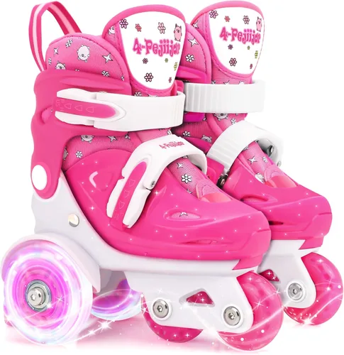 Vista 12 de Patines de ruedas ajustables para niños, niñas y señoras con ruedas que se iluminan con flash (edad 3-9), equilibrio de tres puntos, empaque de caja