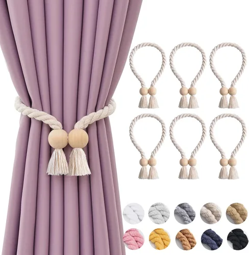 Vista 7 de NICEEC 2 Pack de Alzapaños Magnéticos de Madera en Forma de Cubo Boho para Decoración del Hogar, Alzapaños de Lino Tejidos a Mano para Cortinas Beige
