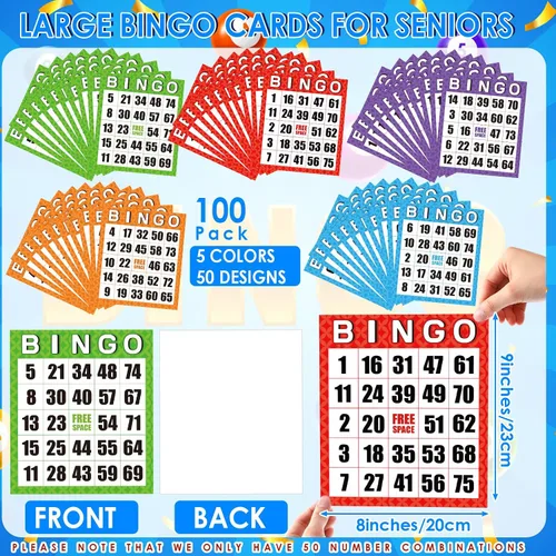 Vista 2 de Eersida Paquete de 1100 tarjetas de juego de bingo jumbo con fichas de bingo para personas mayores, 1000 fichas de puntuación transparentes, 8 x 9