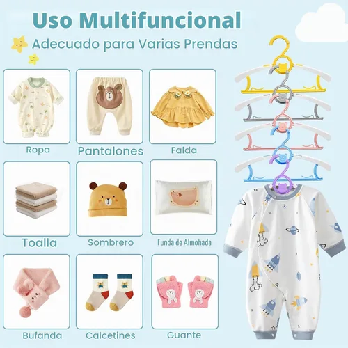 Vista 3 de Perchas infantiles de 11 a 14.5 pulgadas para armario de guardería, paquete de 40 unidades, multicolor