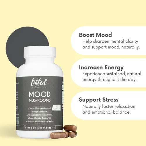 Vista 2 de Mood Hongos - Suplemento de hongos levantados - Melena de león, Reishi, Chaga, cola de pavo, Maitake - Energía, enfoque, alivio del estrés