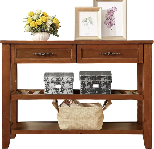 Vista 9 de Mesa consola de madera maciza de 42 pulgadas para entrada, mesa de sofá con cajones Farmhous Sofa Table with Storage Cabinets & Drawers,Solid Wood