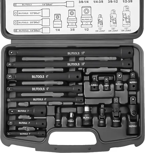Vista 9 de BILITOOLS Juego de extensión articulada, 9 piezas de 1/4", 3/8" y 1/2" de encastre de trinquete de extensión flexible, acero Cr-V