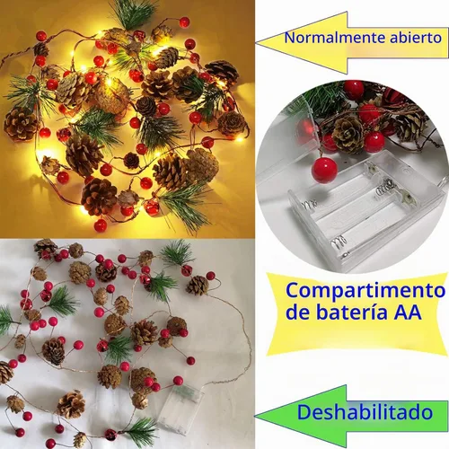 Vista 3 de Guirnalda de Navidad con luces, 30 luces LED, conos de pino y bayas rojas