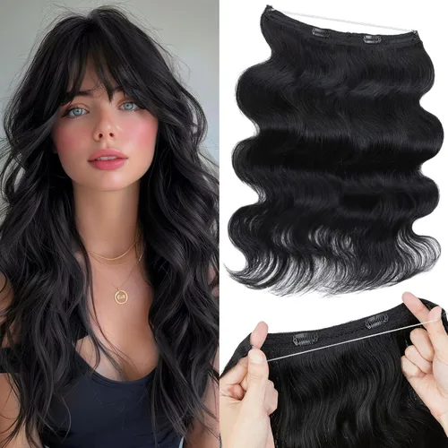 Vista 44 de Extensiones de cabello humano real, extensiones de cabello humano 100 % humano, extensiones de clip, ondulado, negro azabache 01, 2.46 oz/18 pulgadas