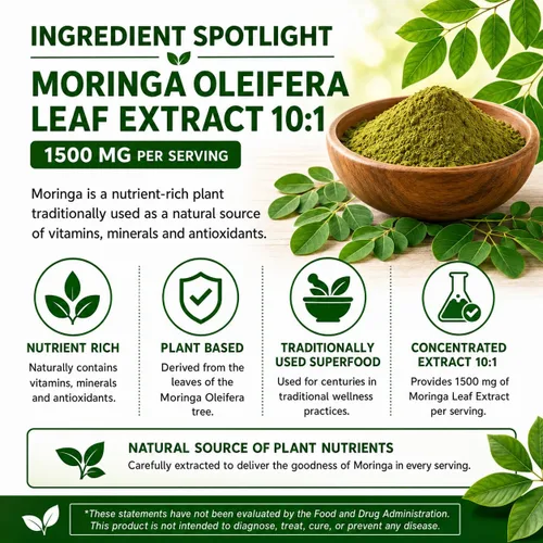Vista 6 de Extracto de Moringa Oleifera 10:1 1500 mg - 180 cápsulas - Suplemento sin OMG y sin gluten - Superalimento verde de hoja de moringa