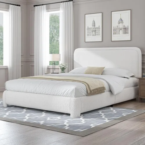 Vista 11 de Base de cama individual, cabecera Cloud Boucle, esquinas redondeadas, color beige