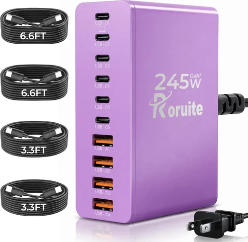 Vista 7 de Estación de carga USB C de 10 puertos con 4 cables, bloque