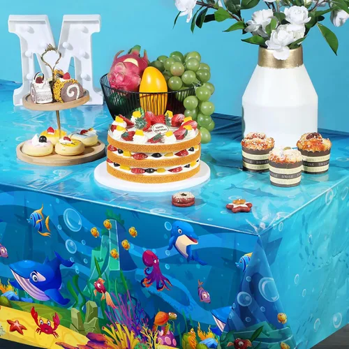 Vista 5 de Tiamon Paquete de 1 mantel de fiesta marina, animales del océano, criaturas submarinas, cubierta de mesa para decoración de fiesta de cumpleaños, 54