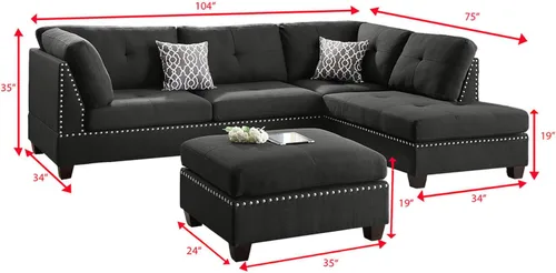 Vista 3 de Poundex bobkona viola Set de sofás con otomano en negro linen-like polyfabric mano izquierda o derecha chaise