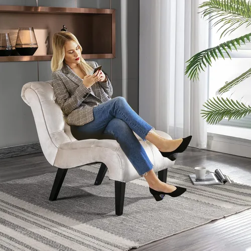 Vista 7 de Sillón decorativo de terciopelo para sala de estar, silla de ocio moderna con respaldo copetudo, silla auxiliar sin brazos para interiores, sillas