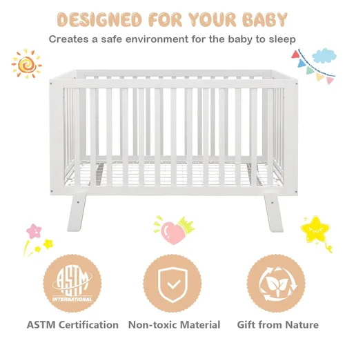 Vista 5 de BABY JOY Cuna de madera para bebé, cuna de madera de goma con base de soporte de colchón ajustable de 3 alturas y barandillas de longitud completa