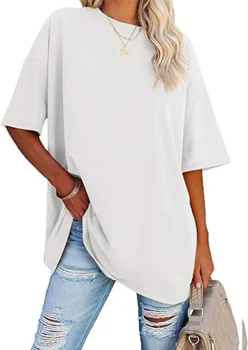 Vista 34 de Aoang Camisetas gráficas de gran tamaño para mujer, cuello redondo, manga corta, blusa