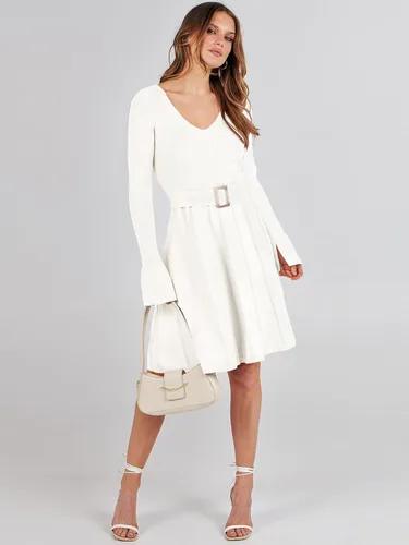 Vista 7 de ANRABESS Vestido tipo suéter de manga larga con cuello en V y lazo en la cintura, plisado, acampanado, elegante, de punto acanalado, vestido midi