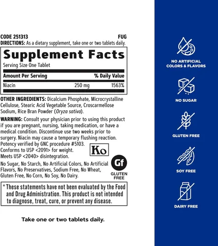Vista 10 de GNC Niacina 250 mg, apoya la salud de los vasos sanguíneos, 100 tabletas vegetarianas
