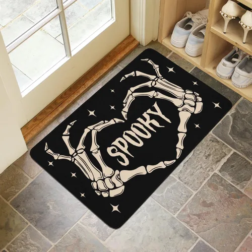 Vista 5 de Tapete de bienvenida para puerta de Halloween, divertido esqueleto para decoración del hogar, antideslizante, para interiores y exteriores, 17 x 30