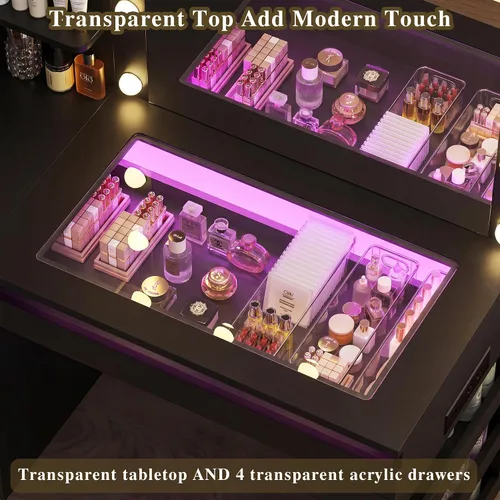 Vista 3 de HUAHUU Escritorio de tocador con espejo iluminado y parte superior transparente, escritorio de tocador de maquillaje con 4 cajones transparentes e