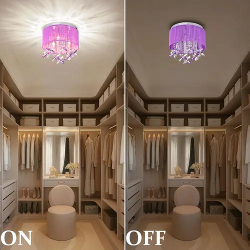 Vista 7 de LaLuLa Candelabro de cristal morado para dormitorio de niñas, lámpara de techo E12 de 3 luces, pantalla de cuerda de algodón hecha a mano, elegante