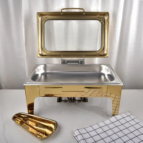 Vista 2 de Estufa de buffet de acero inoxidable de oro de 10 L, estufa cuadrada de preservación de calor para calefacción, plato de roce con cubierta de vidrio