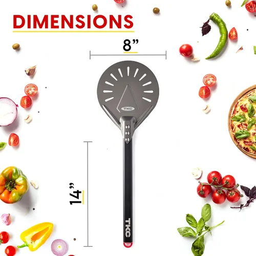 Vista 2 de TKC Pela de pizza perforada de 8 pulgadas – Pela profesional de aluminio para pizza – Espátula de pizza de metal de mango largo para interiores