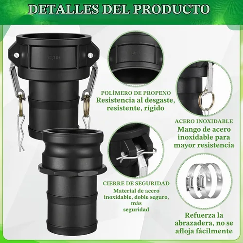 Vista 3 de Juego de 2 accesorios Camlock tipo C y E de polipropileno de 3 pulgadas con leva y ranura para manguera, incluye bloqueo de leva de acoplamiento