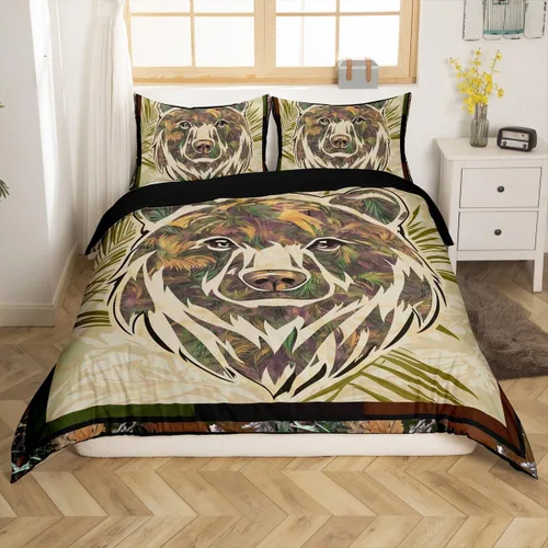 Vista 22 de Funda de edredón de cabaña marrón retro, juego de ropa de cama de retazos con diseño de oso del bosque, ciervos para cabaña rústica, funda de Multi