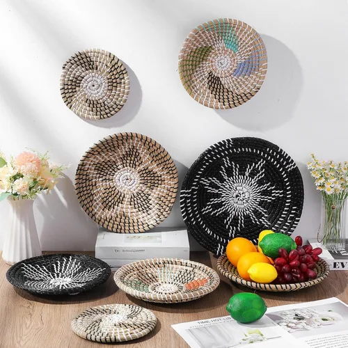 Vista 4 de Ziliny Juego de 8 canastas decorativas de pared bohemias, para colgar, redondas, estilo africano, para decoración de cocina, rústico, hogar, verano