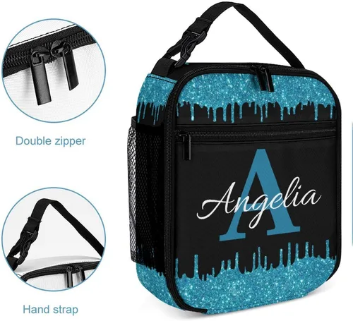 Vista 5 de Bolsa de almuerzo con nombre personalizado para hombres y mujeres, con monograma de purpurina azul, hielera, portátil, con nombre, para niñas