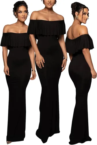 Vista 5 de shengfan Vestido largo sexy de fiesta con volantes y hombros descubiertos para mujer, estilo casual, elegante, vestido de noche, vestido largo formal