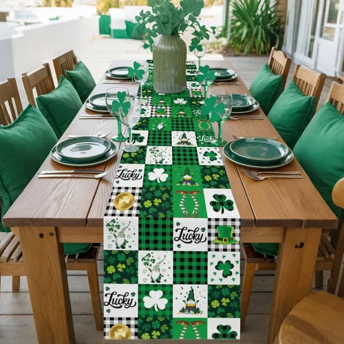 Vista 8 de Camino de mesa para el día de San Patricio, algodón y lino, trébol de la suerte, gnomos, antideslizante, decoración de festividades de primavera
