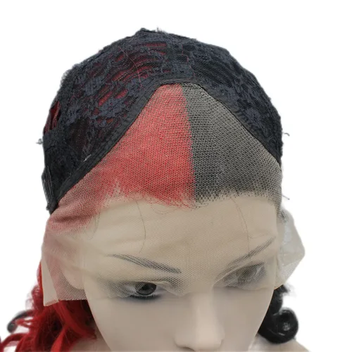 Vista 5 de Mxangel Peluca larga ondulada media negra roja sintética encaje frontal Halloween peluca