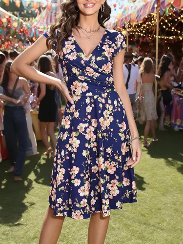 Vista 2 de oxiuly Women's Cap Sleeve Summer Casual Dresses V-Neck Floral Vacation Party Dress OX233