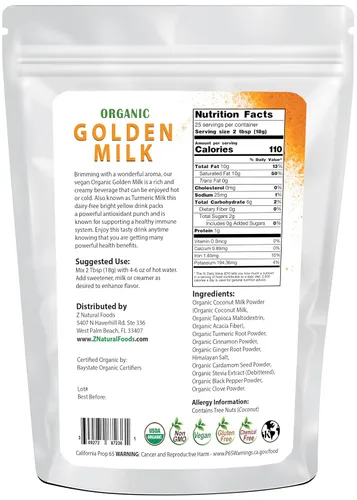 Vista 2 de Z Natural Foods Leche dorada orgánica en polvo – Mezcla de superalimentos de cúrcuma, mezcla en café, té, lattes, licuados de frutas, recetas – sin