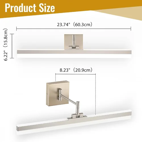 Vista 3 de Moderna lámpara de tocador negra ajustable LED para baño sobre espejo giratorio (níquel, 23.6 pulgadas, 5CCT regulable)