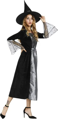 Vista 6 de Zhitunemi Disfraz de bruja para mujer, vestido de hechicera, sombrero de bruja malvada de araña, disfraces