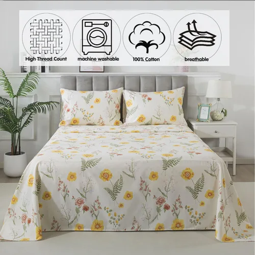 Vista 5 de FADFAY Juego de sábanas de percal de algodón cepillado con bolsillo profundo, sábana bajera ajustable de lujo con estampado floral de caléndula