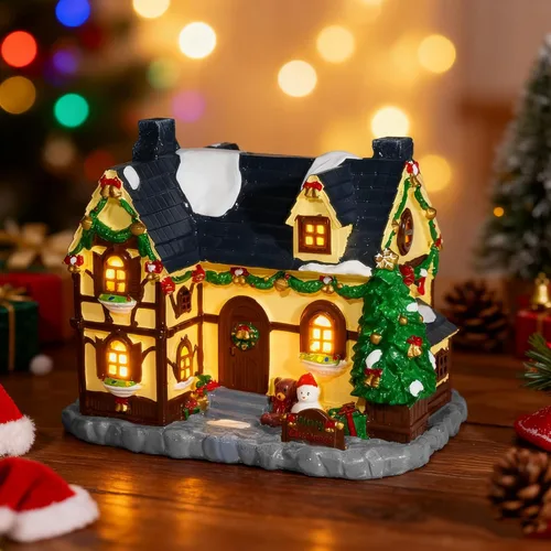 Vista 4 de Construcción de Casa Navideña, Edificios Coleccionables de Navidad Pintados a Mano, Decoración de Pueblo de Casas con Muñeco de Nieve, Edificios