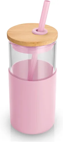 Vista 43 de Tronco Vaso de vidrio de 28 onzas con tapas y pajilla, taza reutilizable para café helado y vaso para batidos con tapa de bambú, funda de silicona