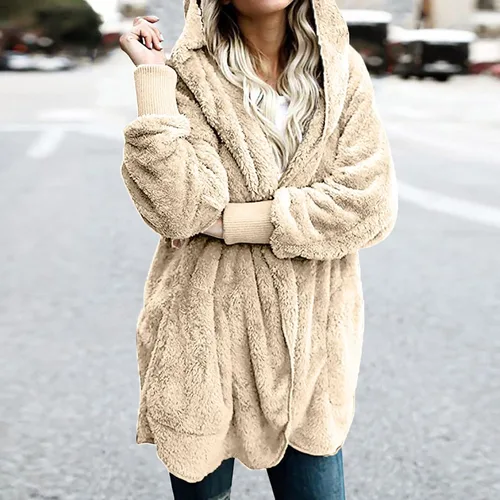 Vista 2 de Womens Jackets Open Front Hooded Coat Oversized Pocket Cardigan Long Sleeve Plush Clothes Warm Pullover Winter Outfits