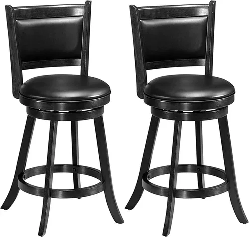 Vista 13 de COSTWAY Juego de 2 taburetes de bar, giratorios de 360 grados, taburete giratorio de madera con acento de altura, diseño tapizado de cuero, asiento