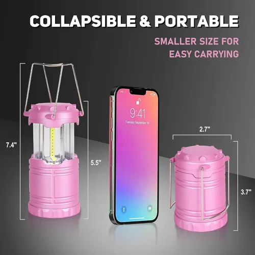 Vista 4 de Paquete de 2 mini linternas LED rosas para acampar, luces portátiles para acampar, lámparas con mango al aire libre, luces de emergencia esenciales