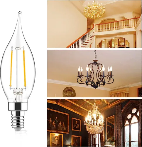 Vista 4 de Bombillas LED E12 para candelabros equivalentes a 60 W, bombillas de vela con punta de llama CA10 regulables, luz blanca suave de 2700 K, bombilla