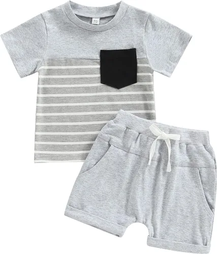 Vista 81 de Conjunto de traje de verano para bebé niño pequeño, manga corta, cuello redondo, letras impresas, lindo traje de verano, conjunto de 2 piezas