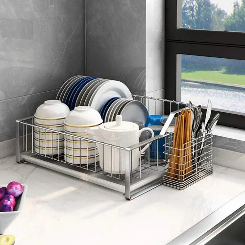 Vista 2 de Escurridor de acero inoxidable 304, escurridor de platos de una sola capa, estantes de cocina con jaula de cubiertos, ahorro de espacio